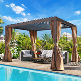 10x13ft Louvered Pergola Outdoor Aluminum Pergolas with Adjustable Roof, Curtain and Netting, Brown